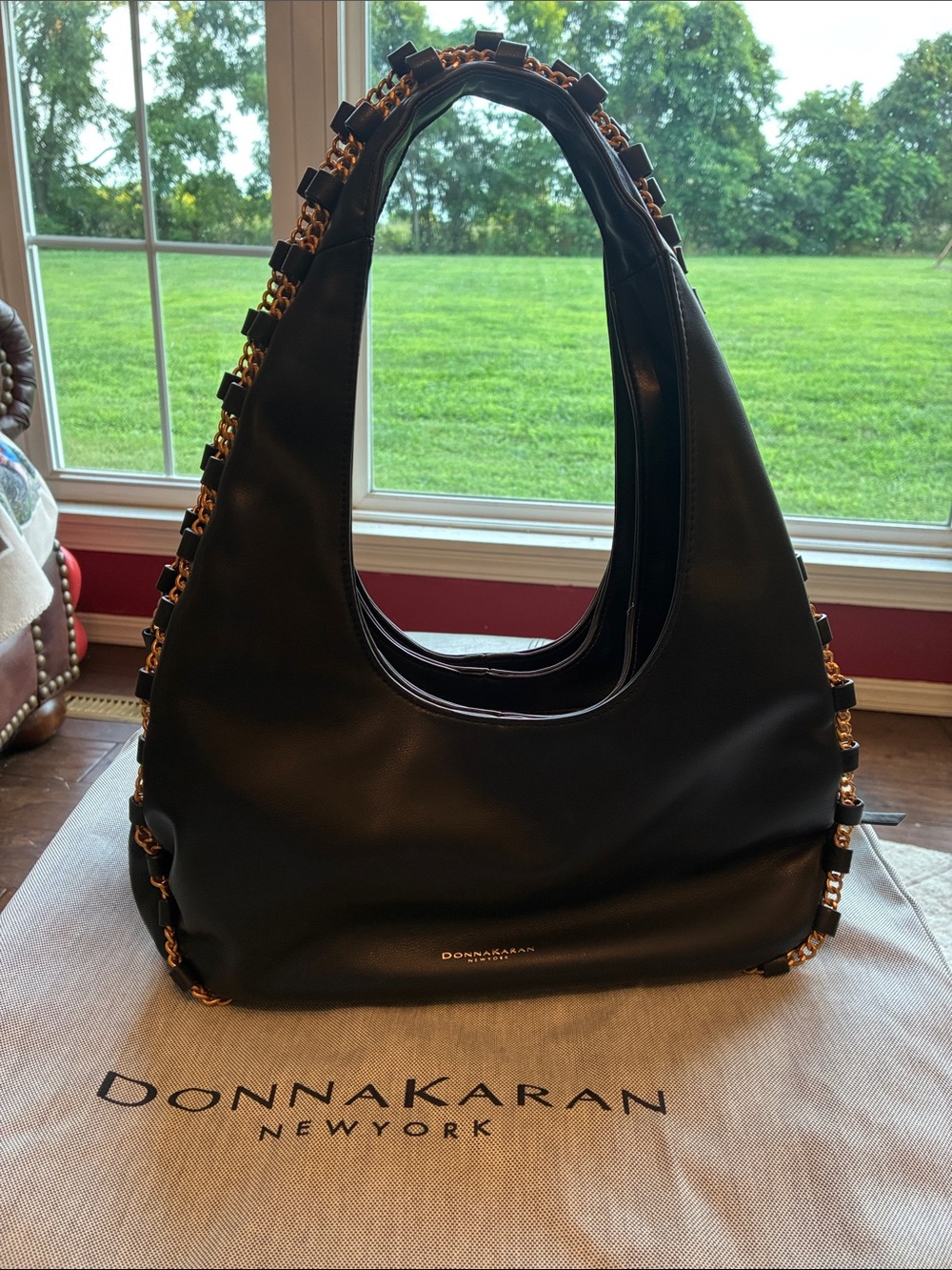 Donna Karan Black Leather Shoulder Bag with Gold Chain Trim